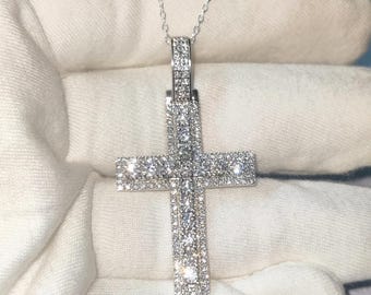 Moissanite Cross Pendant: 14K White Gold Plated Unisex Religious Jewelry