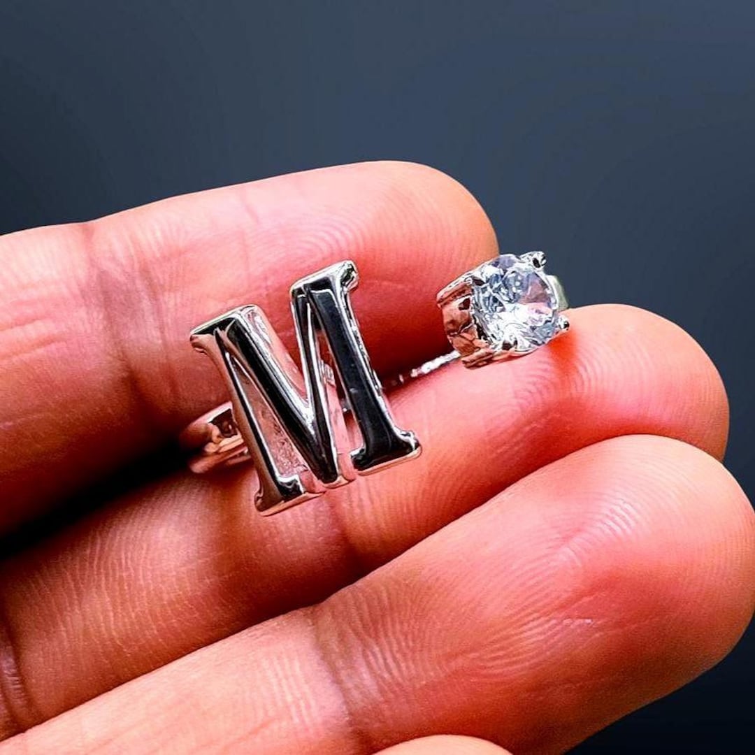 Diamond Initial Ring: 14K White Gold Over Sterling Silver M Letter