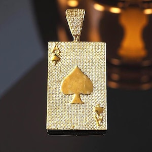 Pendentif carte à jouer en diamant, pendentif rond en diamant simulé, pendentif en argent sterling 925 plaqué or jaune 14 carats, pendentif hip hop, pour cadeau
