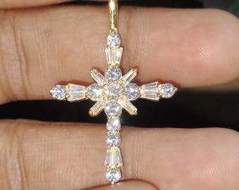 Moissanite Cross Pendant Necklace: Unisex Sterling Silver, Gold Plated