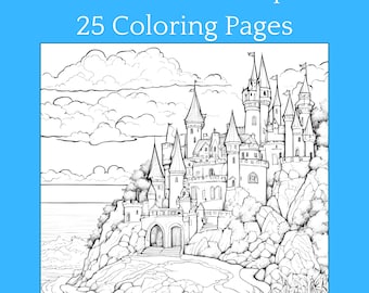 Castles, Landscape, Scenic Castles Coloring/Colouring Book - 25 Printable Adult, Teen, Kind Coloring Pages in PDF Format - Digital Download