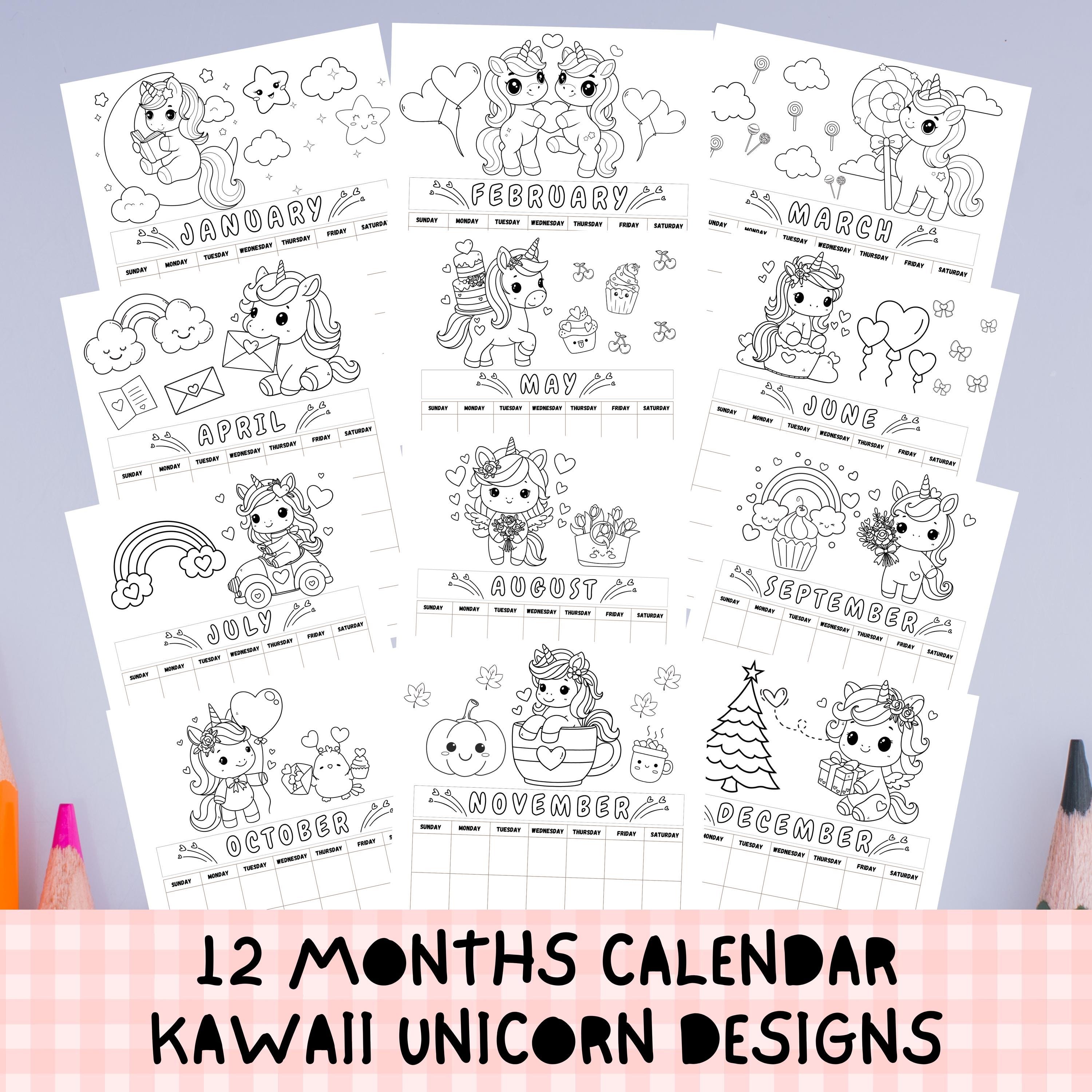 Kawaii Unicorn Coloring Calendar for Kids: Printable 12-month Planner ...