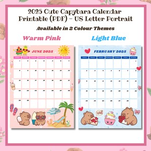 Calendario imprimible 2025 de un lindo capibara kawaii: retrato en letra estadounidense, rosa cálido y azul claro, descarga digital.