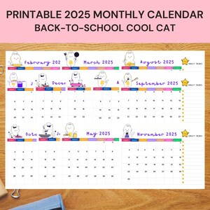 Back-to-School Cool Cat 2025 Monthly Calendar with My Daily Tasks Section PDF Calendar Kids Monthly Planner Homeschool Calendars Landscape