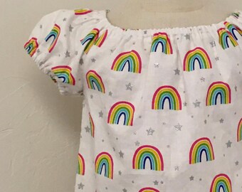 Girls Rainbow Puff Sleeve Top, Rainbow Peasant Top