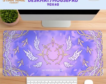 May include: A purple and white desk mat with a stylized design of wings and a circle with the text "WHY DOES LIFE SLUMBER?"  The desk mat is 90x40 cm and features a Honkai Star Rail fanart design.
