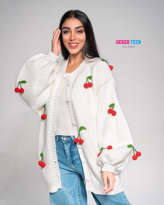 Embroidered Cherry Cardigan Oversized Wool Knit Sweater