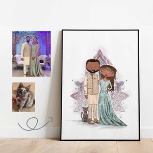 Wedding Portrait Illustration, Custom Cartoon Print from Photo, Hand drawn for Wedding Invites, Anniversary Gift ideas