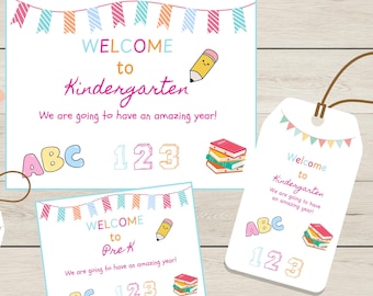 Welcome kindergarten gift tags, note cards, Welcome Pre K, back to school