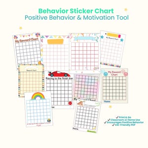 子供向けの印刷可能なステッカーチャート、行動報酬チャート、教室と家庭でのポジティブな行動トラッカー、幼児と未就学児向けの家事チャート