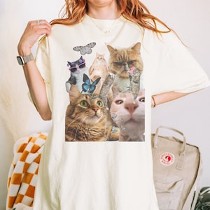 90s Retro Funny Cats and Butterflies Unisex Shirt Cat Collage Shirt 2yk Tee Gift for Cat Lovers Meme Cat Shirt image 1
