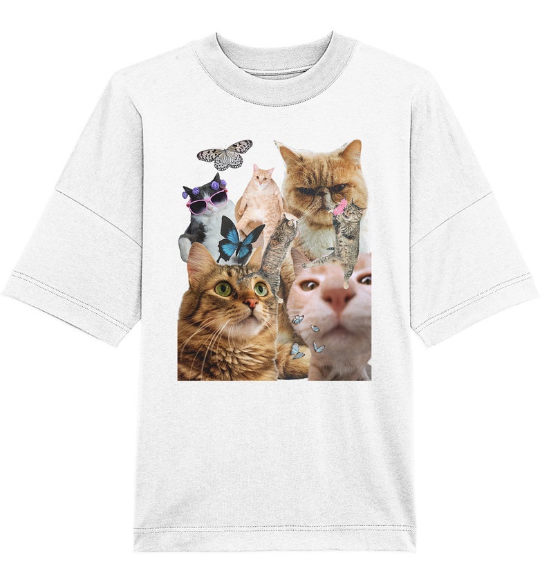 90s Retro Funny Cats and Butterflies Unisex Shirt Cat Collage Shirt 2yk Tee Gift for Cat Lovers Meme Cat Shirt White