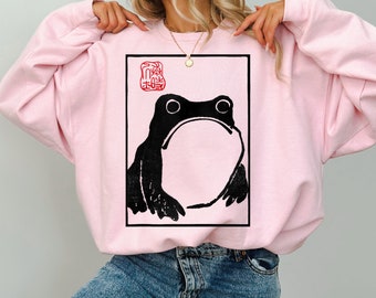 Unimpressed frog sweatshirt, grumpy frog sweater, cottagecore sweater, Japanese art Matsumoto Hoji, gift for her, toad fan