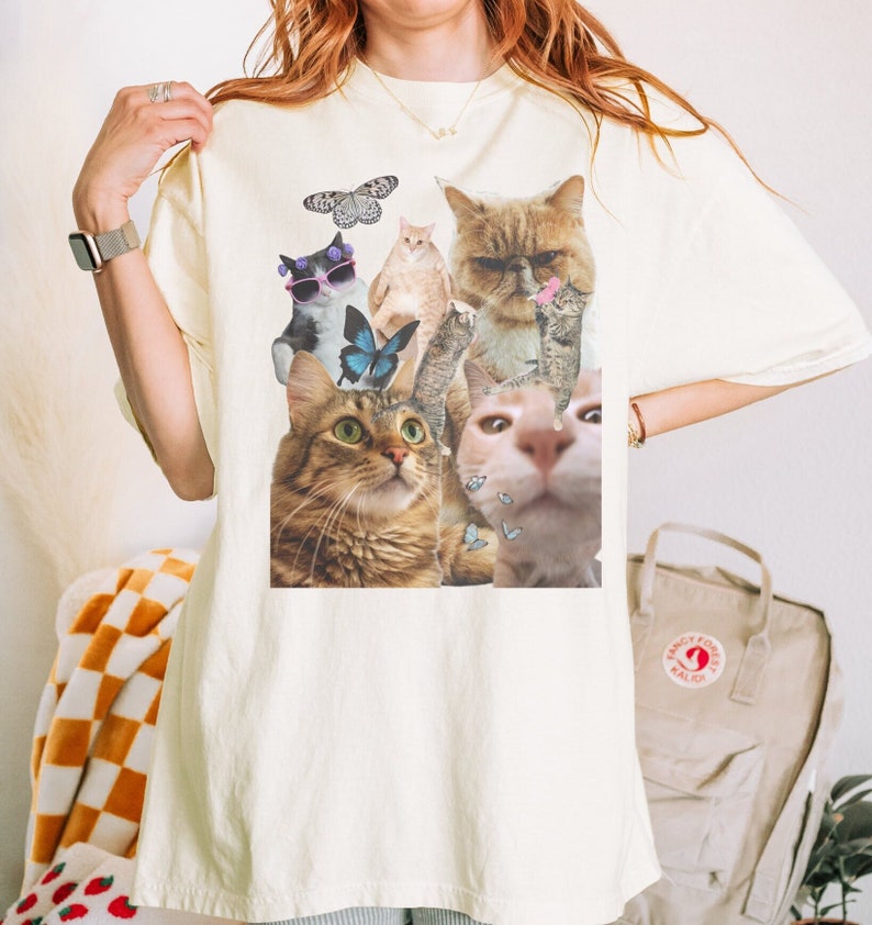 90s Retro Funny Cats and Butterflies Unisex Shirt Cat Collage Shirt 2yk Tee Gift for Cat Lovers Meme Cat Shirt image 1