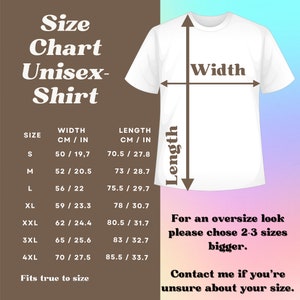 May include: White unisex t-shirt with a size chart. The chart shows measurements in both centimeters and inches for sizes S through 4XL. The text advises choosing 2-3 sizes larger for an oversized fit.