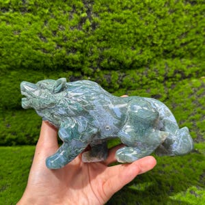 Moss Agate Wolf Figurine Quartz Crystal Carving for Home Decor Gift For Friend