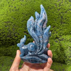 5.75Blue Apatite Nine Tail Fox Carving, Quartz Crystal Figurine, Crystal Fox Statue for Home Decor, Gift For Her