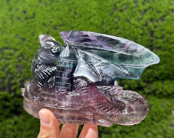 Multicolor Fluorite Dragon Carving: Rainbow Quartz Crystal Figurine