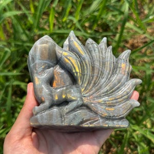 3.9&#39;&#39; Labradorite Fox Figurine Carved Quartz Crystal Nine Tail Sculpture Home Decor Gift For Her