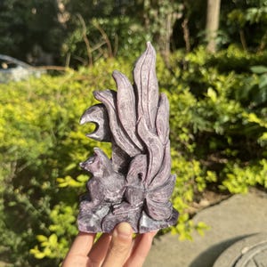 Lepidolite Nine-Tailed Fox Carving: Handcrafted Crystal Sculpture