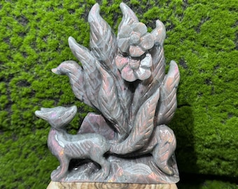 三日月彫刻のラブラドライト九尾狐 - 青と緑のフラッシュ - Etsy 日本