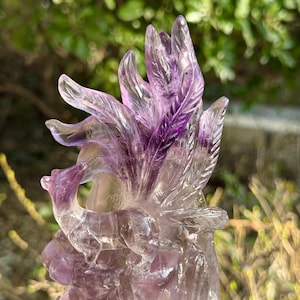 Hand Carved Amethyst Nine-Tailed Fox Statue with Wooden Stand