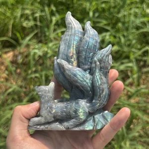 4.98&#39;&#39; Labradorite Fox Figurine Carved Quartz Crystal Nine Tail Sculpture Home Decor Gift For Her