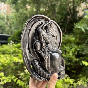 6.73'' Silver Obsidian Dragon Skull Carving, Quartz Crystal Figurine, Home Decor Gift for Him