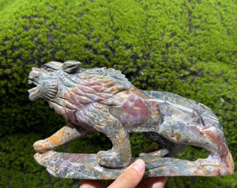 Talla de lobo de jaspe oceánico, figurita de cristal de cuarzo, estatua de lobo de cristal para decoración del hogar, regalo para él
