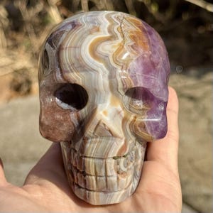 Amethyst Agate Crystal Skull: Handcrafted Gemstone Carving