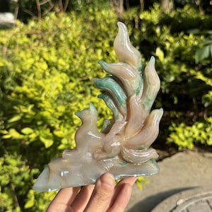 Green Agate Nine Tails Fox Carving: Hand Carved Kitsune Figurine