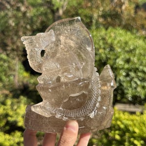 Rutilated Smoky Quartz Dragon Sculpture: Carved Crystal Figurine