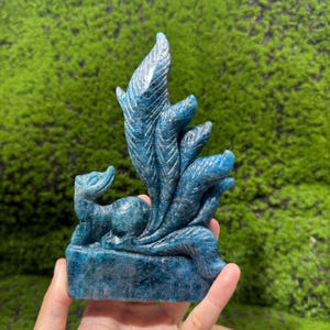 6.12Blue Apatite Nine Tail Fox Carving, Quartz Crystal Figurine, Crystal Fox Statue for Home Decor, Gift For Her