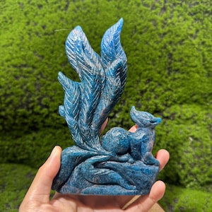 6.46Blue Apatite Nine Tail Fox Carving, Quartz Crystal Figurine, Crystal Fox Statue for Home Decor, Gift For Her