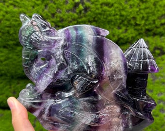 Fluorite Dragon Carving: Rainbow Quartz Crystal Figurine, Home Decor