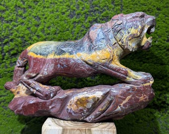 Hand Carved Jasper Tiger Figurine: Quartz Crystal Animal Sculpture