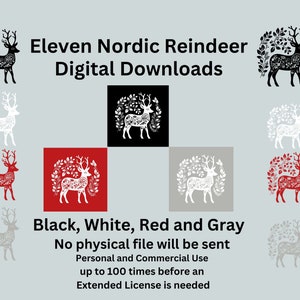 Nordic Scandi Reindeer in Red, Black, White and Gray Digital Download
