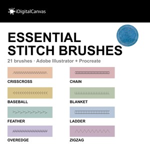 Könnte beinhalten: Eine digitale Produktanzeige mit dem Titel Essential Stitch Brushes für Adobe Illustrator und Procreate, die 21 Pinsel enthält. Die Grafik zeigt acht beschriftete Stichbeispiele: Crisscross, Chain, Baseball, Blanket, Feather, Ladder, Overedge und Zigzag.