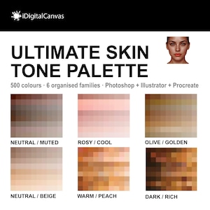 May include: A digital color palette titled ULTIMATE SKIN TONE PALETTE by iDigitalCanvas. It features 500 colors organized into six families: Neutral/Muted, Rosy/Cool, Olive/Golden, Neutral/Beige, Warm/Peach, and Dark/Rich, compatible with Photoshop, Illustrator, and Procreate.