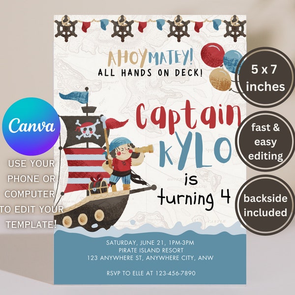 Pirate Invitation, Pirate Birthday Invitation Digital Download, Editable Pirate Invitation Template, Pirate Kid Themed Birthday Party