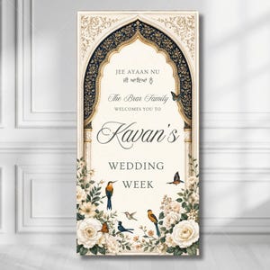 Può includere: Un cartello di benvenuto per matrimoni rettangolare con un design ad arco in filigrana blu scuro e oro. Il testo recita JEE AYAAN NU, The Brar Family WELCOMES YOU TO Kavan's WEDDING WEEK. È decorato con rose color crema e colibrì colorati.