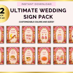 Ultimat bröllopsskyltpaket | Punjabiska bröllopsskyltar | Sikhiskt bröllop | Bindi Bar | Bangle Bar | What Jhumka | Digitalt | Rosa matstationsskyltar