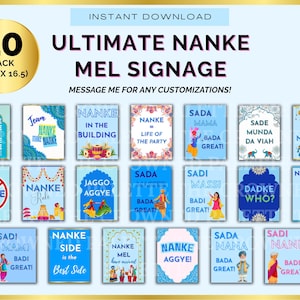 Puede incluir: Una descarga digital con 20 letreros rectangulares con texto e ilustraciones. Los letreros son en azul, blanco y dorado, con frases como "Ultimate Nanke Mel Signage" y "Nanke Rule". El tamaño del paquete es de 29,7 x 41,9 cm.