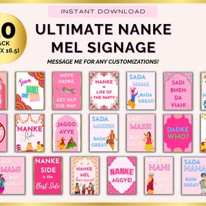 May include: A collection of 20 pink and white printable signs for a Nanke Mel celebration. The signs feature various phrases and graphics, with the dimensions of 11.7 x 16.5 inches. The signs are available for instant download.