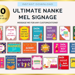 Puede incluir: Un paquete de descarga digital de 20 letreros "Ultimate Nanke Mel Signage". Cada letrero presenta diseños coloridos y texto en varios estilos, con frases como "Nanke on Top" y "Sada Massar Bada Great!". Los letreros miden 29,7 x 41,9 cm.