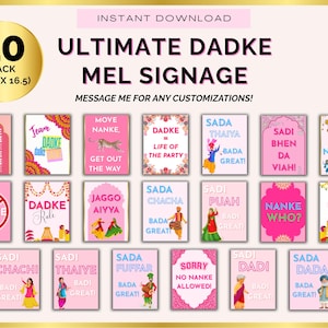 May include: A set of 20 pink and white printable signs with text in English and another language. The signs are for a party or event, with a gold circle in the upper left corner that says "20 Pack (29.7 x 41.9 cm)".