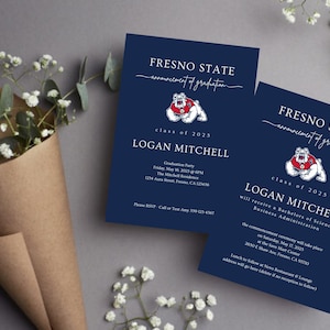 May include: Navy blue graduation announcement cards for Fresno State's Class of 2025, featuring the text "Fresno State announcement of graduation" and the name Logan Mitchell. The cards include a Bulldog mascot graphic and event details.