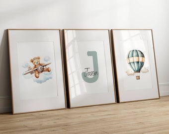 Printable Nursery Wall Art, Set of 3, Hot Air Balloon, Plane, Clouds, Teddy Bear, Blue Bold Monogram, Cursive Name Kids Room Decor