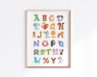 Alfabeto degli animali stampabile per asilo nido, sala giochi o scuola materna – Decorazioni didattiche per bambini – Arte murale dell'alfabeto – Poster con lettere dalla A alla Z – 26 dimensioni in 1