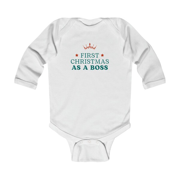 Cute and Comfy "First Christmas As a Boss" Baby Onesie - Funny Festive Babywear - Infant Long Sleeve Bodysuit